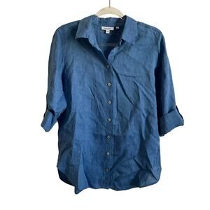 Chico’s 100% Linen Blue Chambray Button Front Roll Tab Shirt - Size 6
